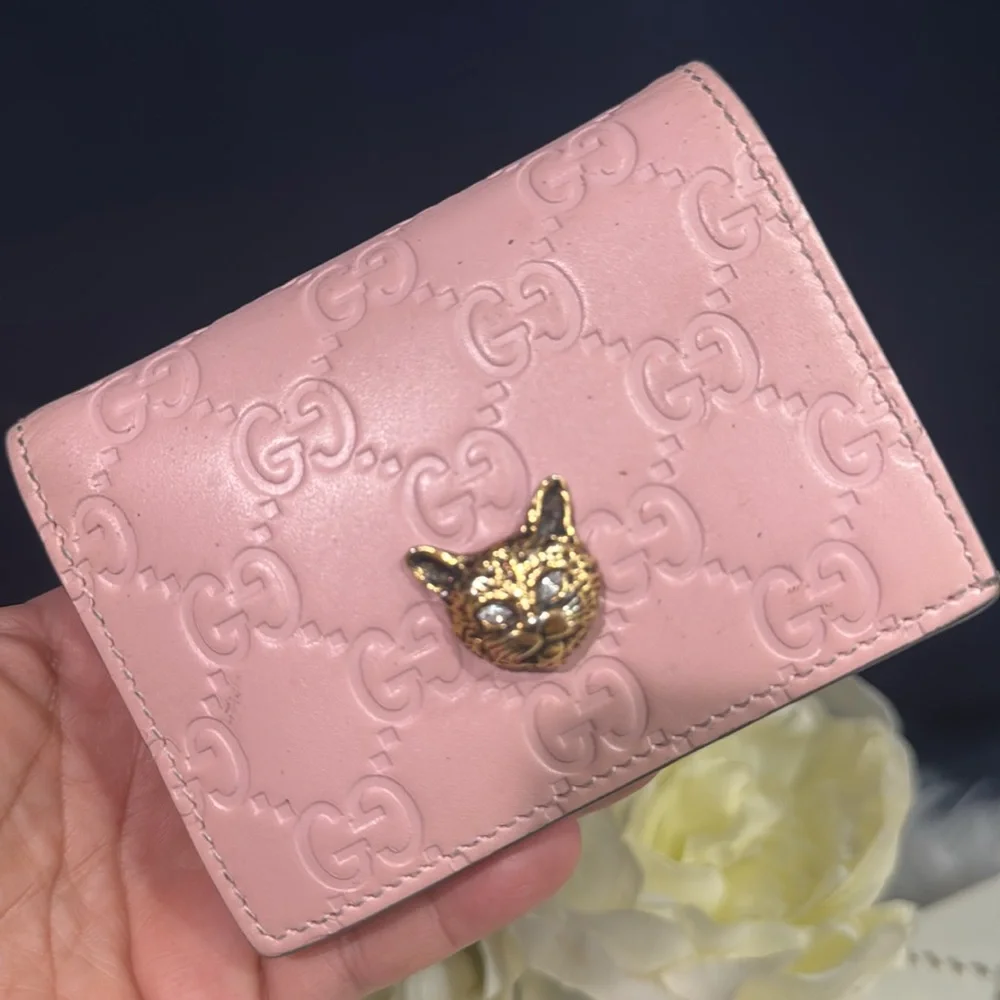 💖GUCCI Guccissima Signature Crystal Cat Card Case Wallet Light Candy Pink
